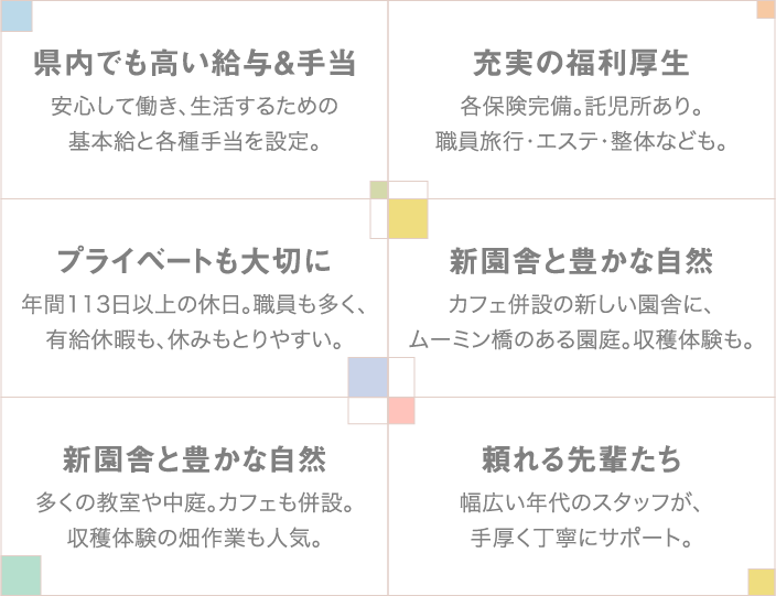 県内でも高い給与＆手当、充実の福利厚生、プライベートも大切に、多様な研修制度、新園舎と豊かな自然、頼れる先輩たち